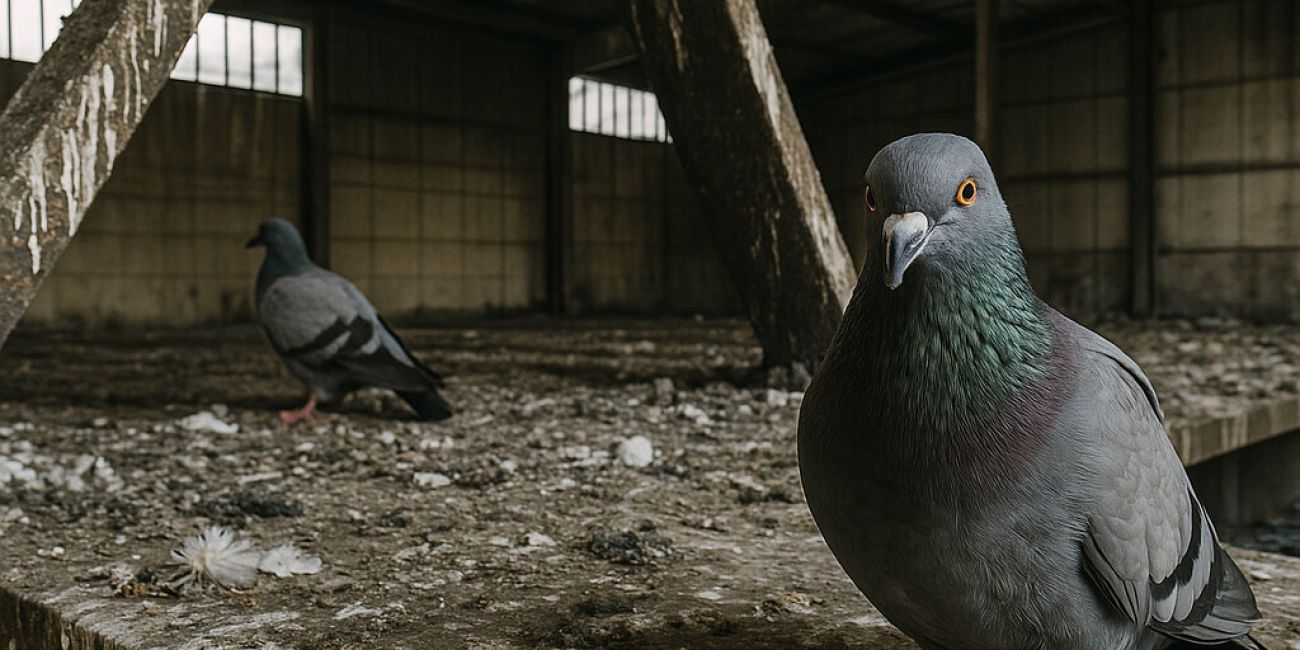 Piccioni sulle capriate di un capannone sostano in mezzo al guano