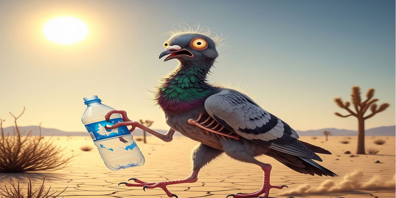 Piccione in stile fumetto che si aggira per il deserto tenendo tra le zampe una bottiglietta d'acqua vuota