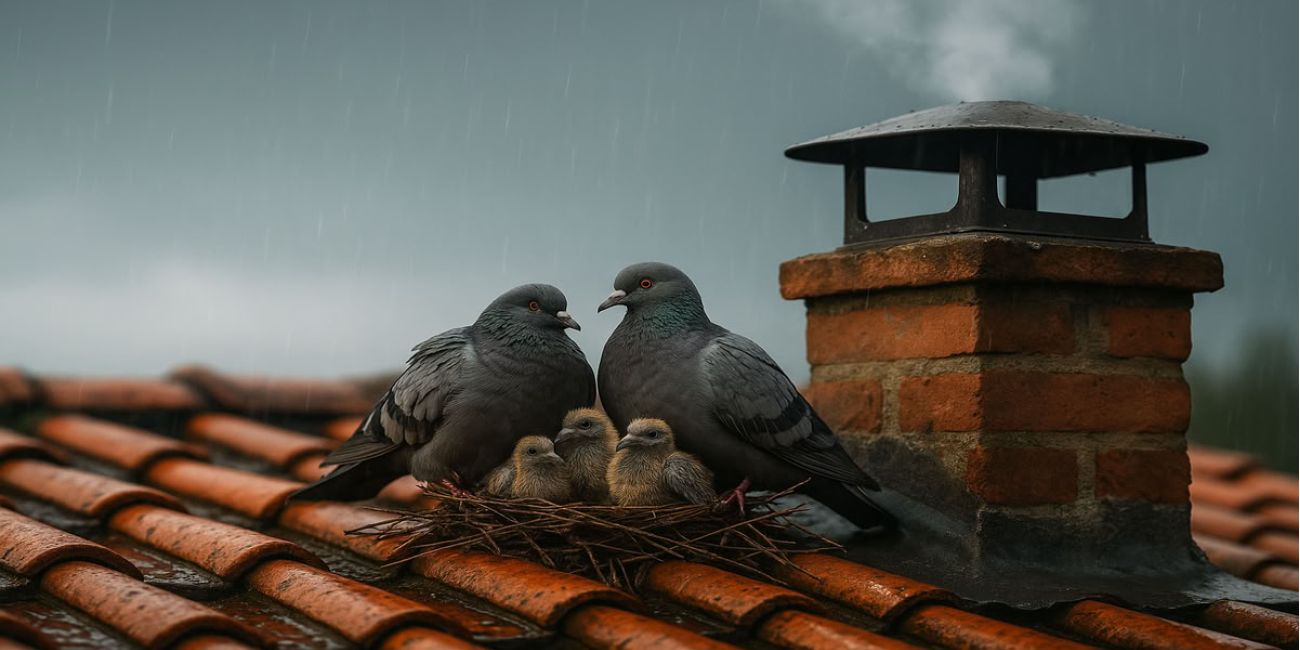 Coppia di piccioni sul tetto in cui vivono con nido e piccoli