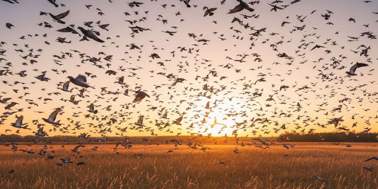 Piccioni che si involano al tramonto da campo agricolo della bassa Romagna